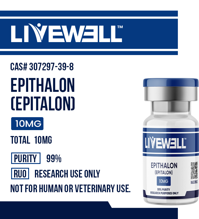 Epithalon 10mg research peptide vial — AEDG tetrapeptide, 99% purity — LiveWell Peptides