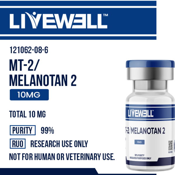 MT-2 (Melanotan 2 Acetate) 10mg research peptide vial, 99% purity, research use only — LiveWell Peptides