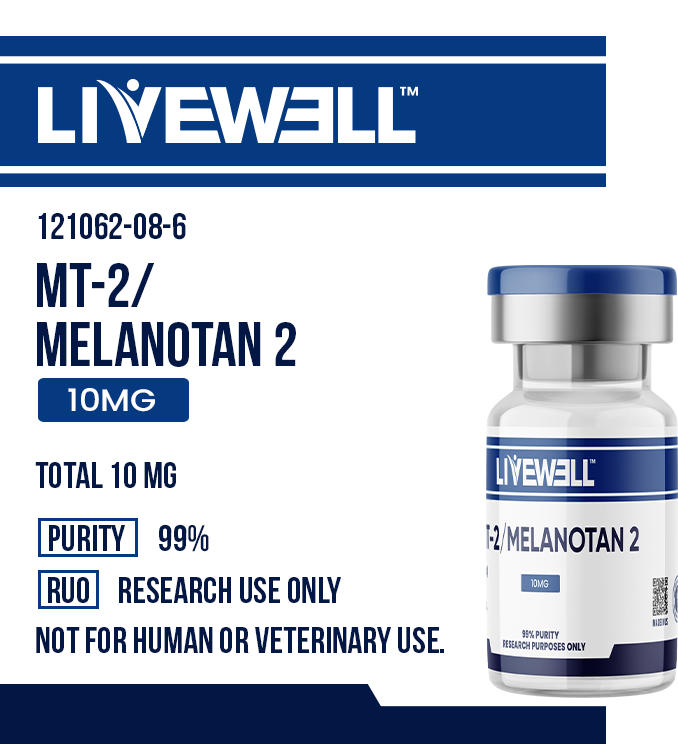 MT-2 (Melanotan 2 Acetate) 10mg research peptide vial, 99% purity, research use only — LiveWell Peptides