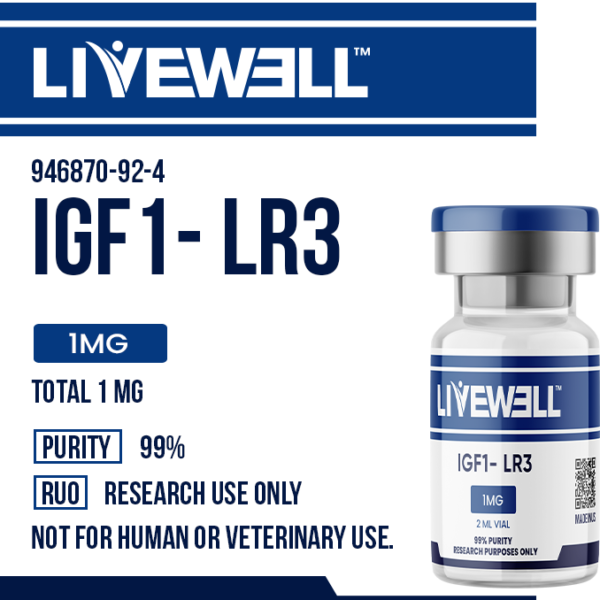 IGF-1 LR3 1mg research peptide vial, 99% purity — LiveWell Peptides