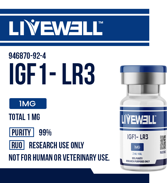 IGF-1 LR3 1mg research peptide vial, 99% purity — LiveWell Peptides