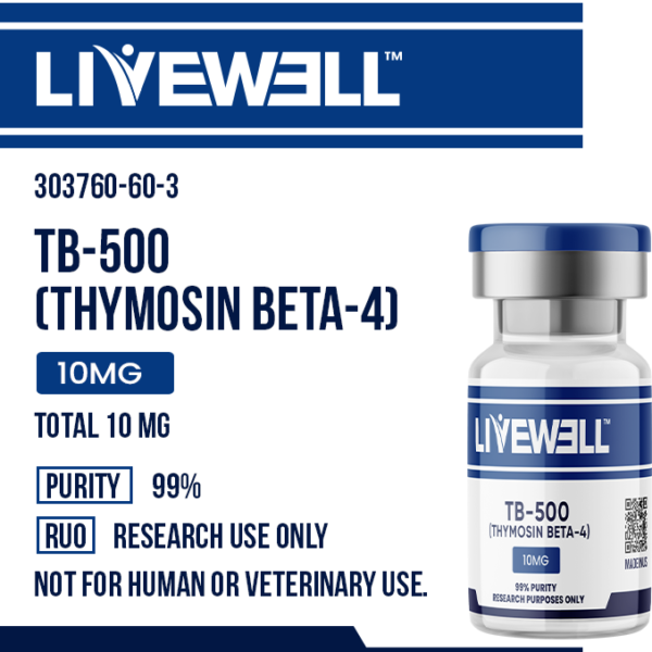 TB-500 Thymosin Beta-4 fragment — 10mg lyophilized research peptide vial — LiveWell Peptides