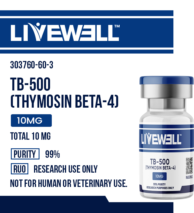 TB-500 Thymosin Beta-4 fragment — 10mg lyophilized research peptide vial — LiveWell Peptides