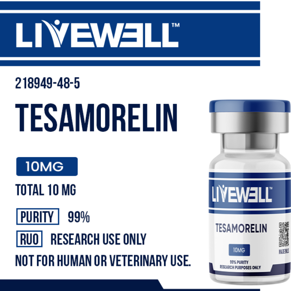 Tesamorelin 5mg / 10mg research peptide vial — LiveWell Peptides