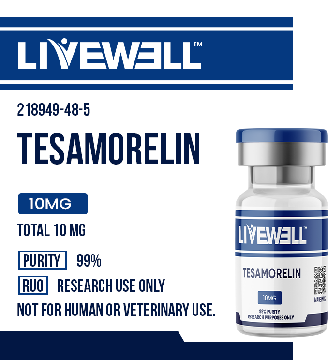 Tesamorelin 5mg / 10mg research peptide vial — LiveWell Peptides