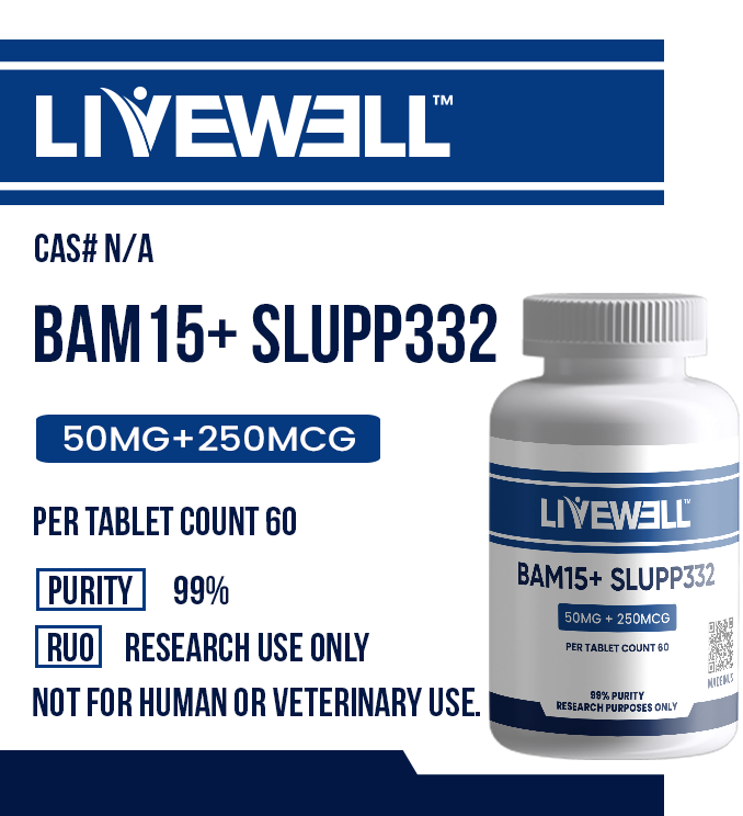 BAM-15 50mg and SLU-PP-332 250mcg combo research tablets, 60 count bottle — LiveWell Peptides