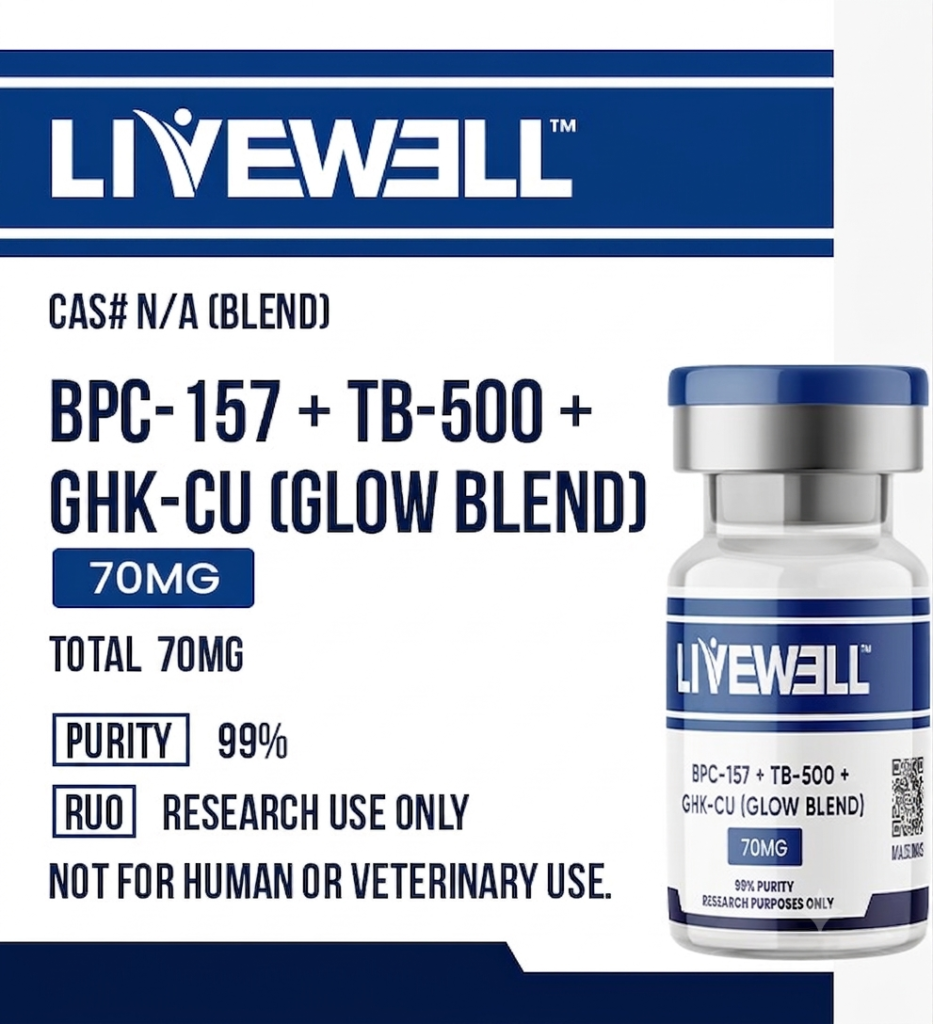 Glow Blend 70mg research peptide vial — GHK-Cu, BPC-157, TB-500, 99% purity — LiveWell Peptides