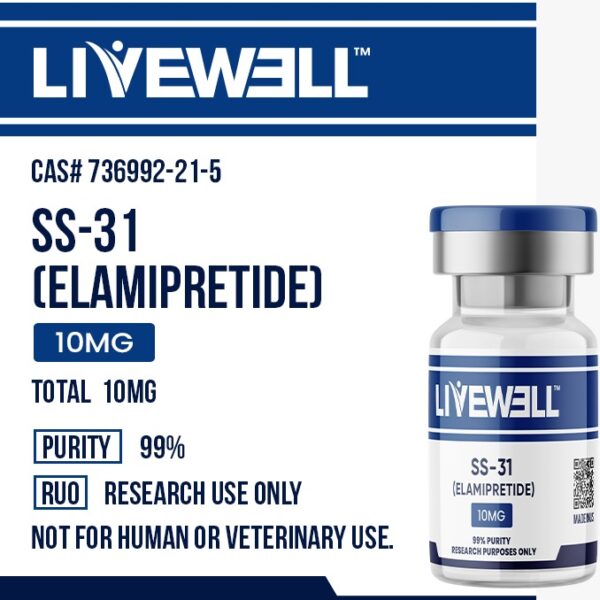 SS-31 research peptide vial, mitochondrial-targeted peptide, 99% purity, research use only — LiveWell Peptides