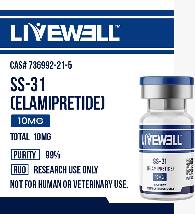 SS-31 research peptide vial, mitochondrial-targeted peptide, 99% purity, research use only — LiveWell Peptides