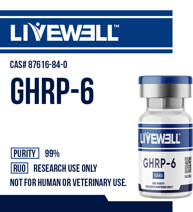 GHRP-6 10mg research peptide vial, LiveWell Peptides